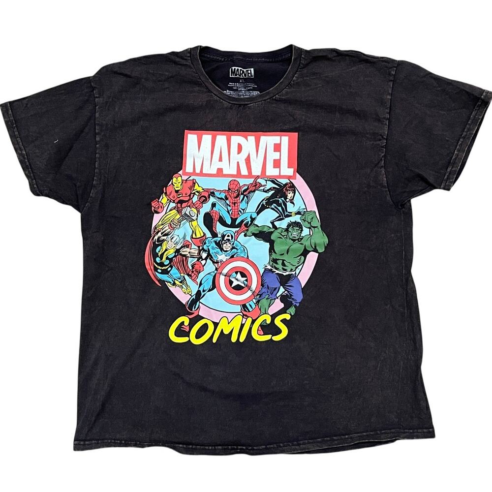 Marvel‎ Comics T-Shirt XL Retro Avengers Acid Wash Mineral Wash Faded Black